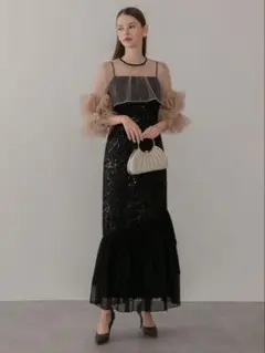 フラワースパンコールチュールフリルスリーブIラインワンピースドレス結婚式二次会