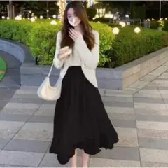 【残り3点】レディース フレアスカート 膝下丈　ブラック　黒 韓国