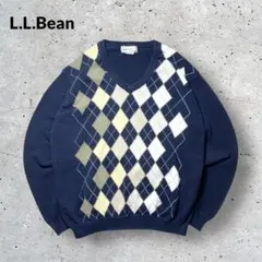 LLBeanスコットランド製コットンニットMアーガイル柄ネイビー紺古着のサムネイル