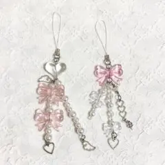 ビーズキーホルダー ハート リボン ピンク 桃色 2個セット