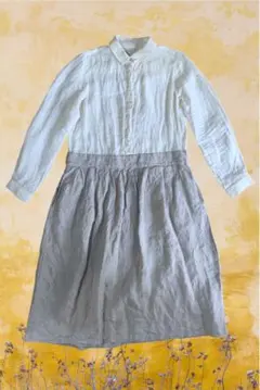 ネストローブ 日本製 リネン 麻 ストライプ総柄切替シャツワンピース ホワイト