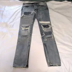 mnmlダメージ加工ストレートデニムサイドジッパー付きストライプ28サイズ