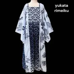 (あ951)アンティーク浴衣リメイクワンピース☘️濃紺×白
