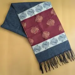 マフラー ワインレッド、ベージュ、チャコールグレーのストライプに花柄模様