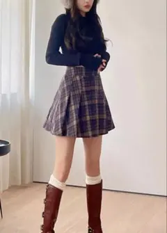 インパン裏地付きチェック柄プリーツミニスカート[dk1360] Sサイズ