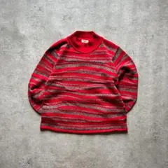 80s vintage 総柄ニット ボーダー レッド ウール混 昭和レトロ 古着