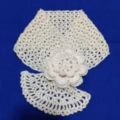 春夏物 お花モチーフミニマフラー コットン オフホワイト かぎ針編み 日焼け対策