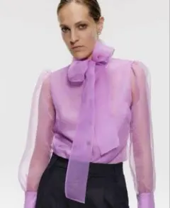 リボン シースルーオーガンジー ブラウス パープル