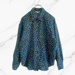 総柄デザインシャツブラウスドット柄水玉シルク混レトロ黒青ブルーヴィンテージ古着