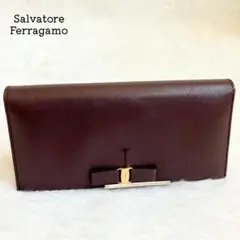 サルヴァトーレフェラガモ 二つ折り 長財布 リボン レザー 茶色 