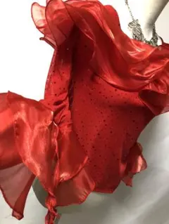 社交ダンスパーティー。素敵なオーガンジー赤のフリル付きキラキラスパン張りトップス