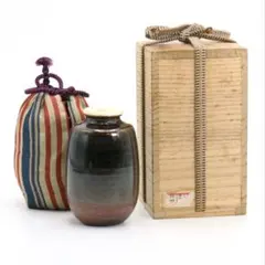 未使用 レア 加藤唐三郎作 古瀬戸 肩衝 茶入 間道仕覆 共箱 茶道具 西陣織 未使用 レア 加藤唐三郎作 古瀬戸 肩衝 茶入 間道仕覆