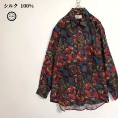 デザインシャツ　幾何学柄　アートデザイン　総柄　レトロ　絹　シルク　長袖　M