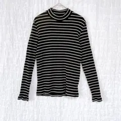 2911 ユニクロ　ハイネックリブカットソー　長袖　ボーダー　白黒　綿　ロンTL