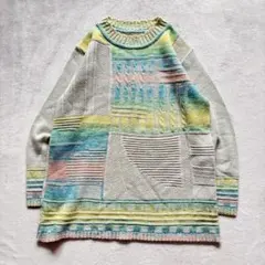 00's vintage マルチカラーパッチワーク風ニット クルーネック レトロ