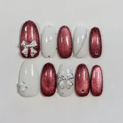 ハンドメイド ネイルチップ リボン ワインレッド ホワイト マグネットネイル