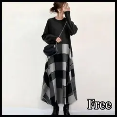 重ね着風　マキシ丈　ワンピース　ラウンドネック　丸首　ぽわん袖　配色　ブラック