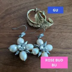ROSE BUDビジューピアスとGUの羽のフープピアスの2個セット