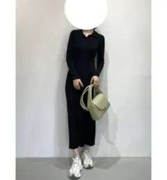 [定番]カラーネックタイトニットワンピース 黒 M ラグナムーン 長袖