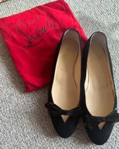 クリスチャンルブタンパンプス フラットリボン スエード ブラック