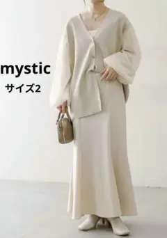 mystic チュールスリーブカーディガン 前後2WAY 異素材ニット