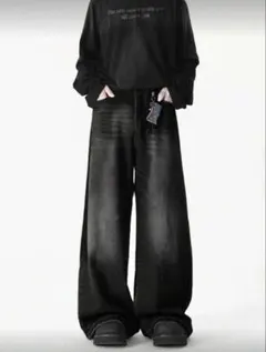 ブラックワイドレッグデニムパンツ　shein