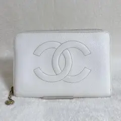CHANEL キャビアスキン デカココ ラウンドファスナー がま口 ホワイト 白