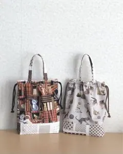 ハンドメイド持ち手付き巾着セット【猫柄】