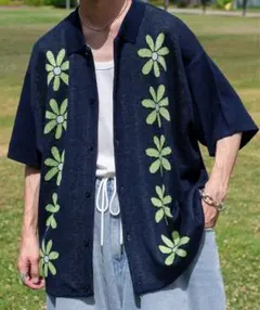 Perushi 花柄 ニット トップス ネイビー 半袖 ポロシャツ Tシャツのサムネイル