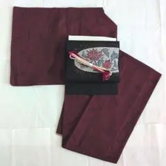 紬着物　単衣【ワインレッド黒幾何学抽象柄】/名古屋帯/帯締め/帯揚げのサムネイル