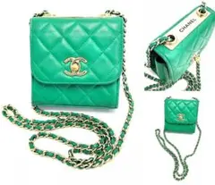 良品　シャネル　ミニマトラッセ　チェーン ショルダーバッグ　エメラルド　レザー