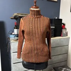 オレンジと黒のストライプタートルネックニット ハイネックニット