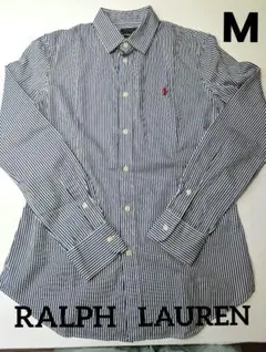 ラルフローレン　ストライプシャツ　刺繍　ネイビー　CUSTAM FIT