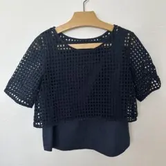 ネイビー メッシュレイヤード 半袖トップス　メルローズのサムネイル