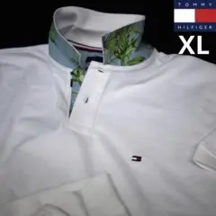 トミーヒルフィガー XL リーフ柄 白 刺繍フラッグロゴ ポロシャツ ゴルフにも