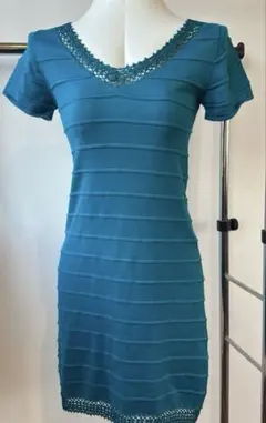 misch masch ターコイズ Vネック ニットワンピース 半袖