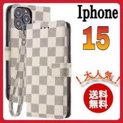 手帳型 iPhone 15ケース　白色　ホワイト チェック PUレザー　シンプル