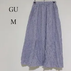 ジーユー リネン混 フレアロングスカート チェック ポケット ウエストゴム【M】