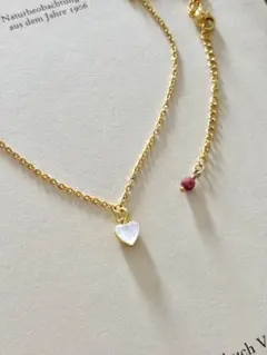 No.443＊白蝶貝天然シェルとピンクオパールの18kgp天然石ハートネックレス