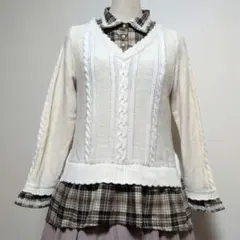 【アクシーズファム】ロングニット/ケーブルニット/チェックシャツ/重ね着風シャツ