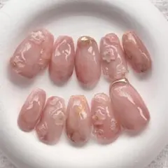 (現品)ネイルチップ ぷっくり フラワー ピンク ベージュ ゴールド ニュアンス