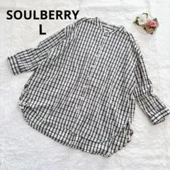 ソウルベリー チェックシャツ チュニック リネン混 L ゆったり 体型カバー