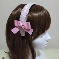 はしごレースのリボンカチューシャ(ピンク) ハンドメイド