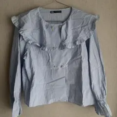 ZARA フリル付き長袖シャツ 青と白チェック