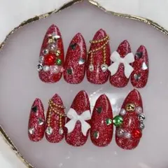 現品のみ　ネイルチップ　フレンチガーリー　クリスマス　ツリー　フラッシュ　量産型