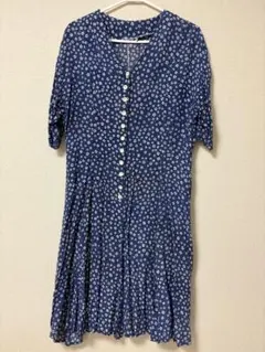 古着　小花柄 Vネック 半袖ワンピース ブルー
