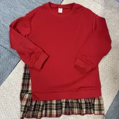 トレーナー　ワンピース　チュニック　7Y 120 赤　チェック　クリスマス