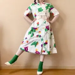 アート柄 ダブルボタンワンピース 昭和レトロ ヴィンテージ 一点物 白 カラフル