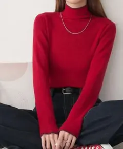 新品 ボンルシール 至福のカヌレニット 配色ステッチリブタートル レッド