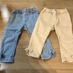 アプレレクール110 7分丈パンツ　裾リボン　デニム　ベージュ
